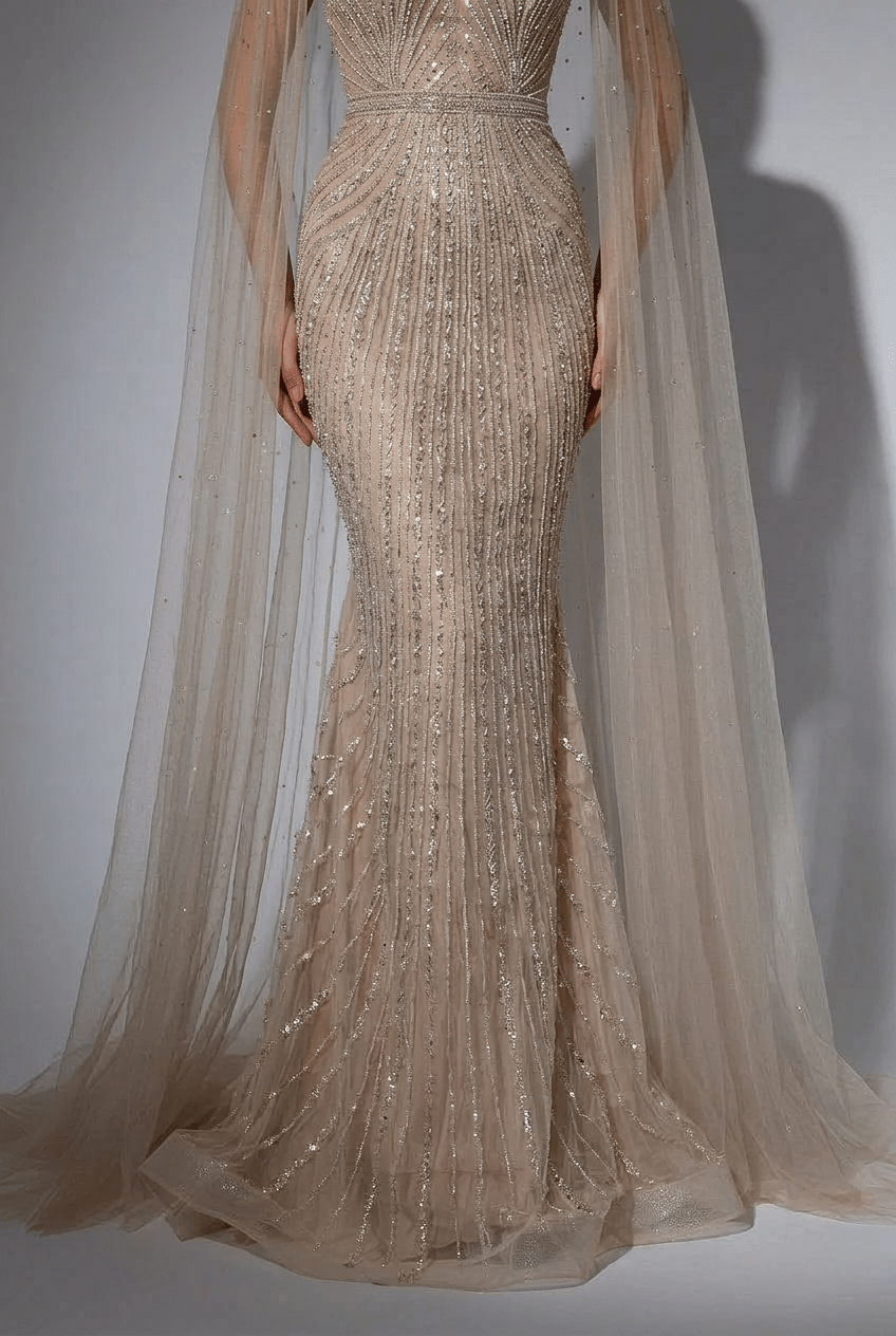 Champagne Designer Sequin Gown with Beaded Cape – Champagne Dress for Wedding Guest or Formal Gala Plus Size - WonderlandByLilian