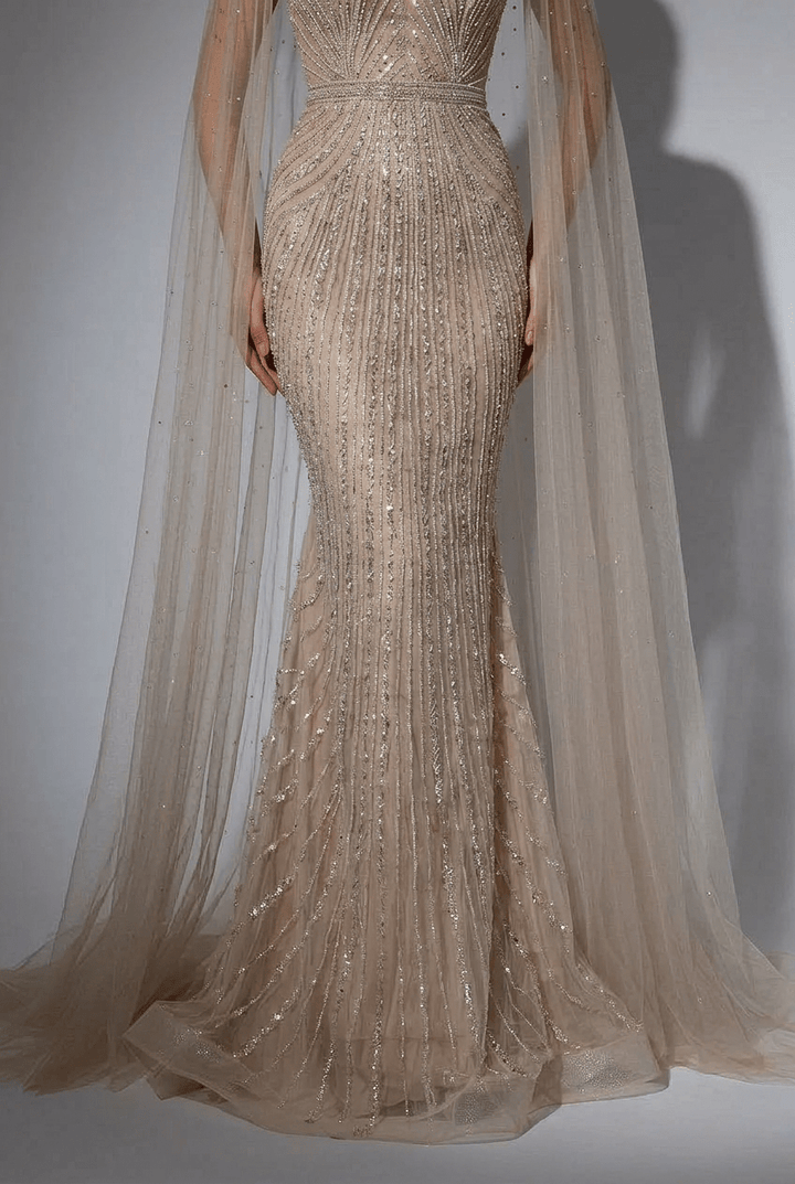 Champagne Designer Sequin Gown with Beaded Cape – Champagne Dress for Wedding Guest or Formal Gala Plus Size - WonderlandByLilian