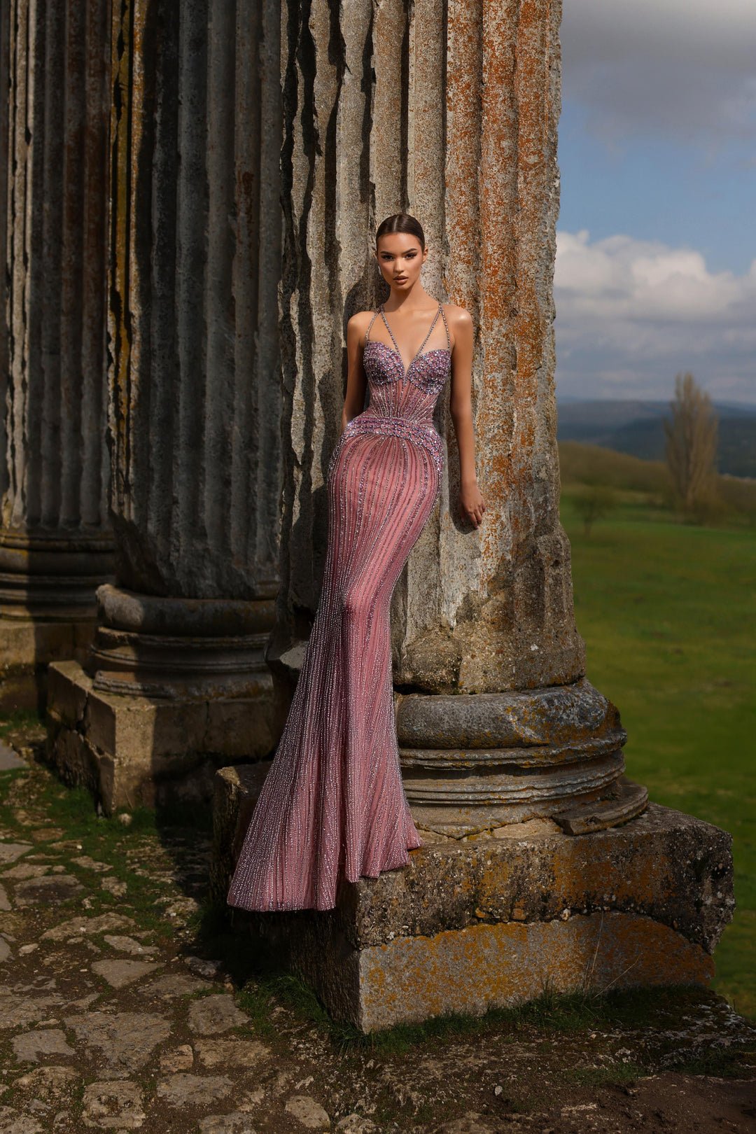 Champagne Designer Sequin Gown with Crystal Straps – Pretty Sequin Dress Plus Size - WonderlandByLilian