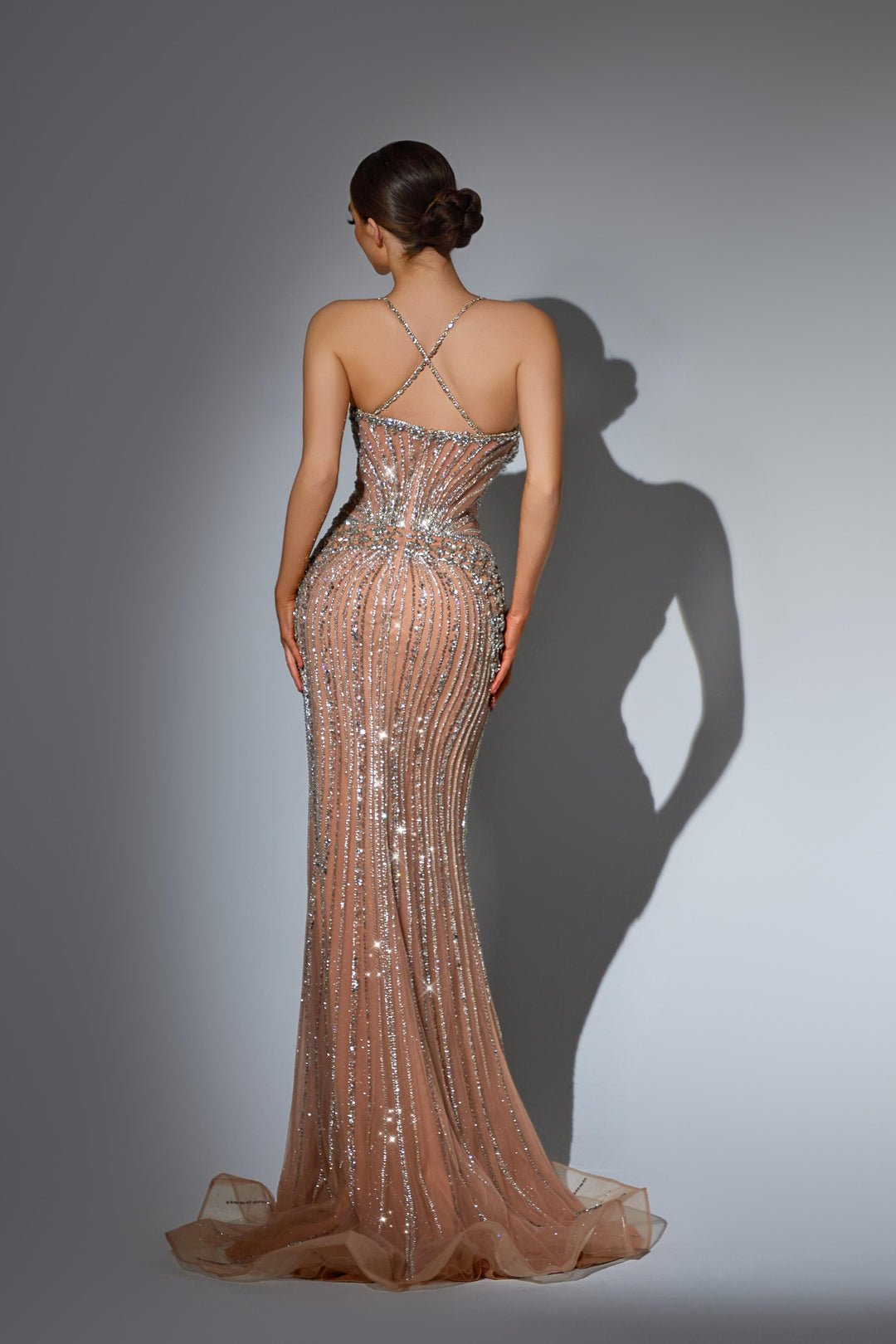 Champagne Designer Sequin Gown with Crystal Straps – Pretty Sequin Dress Plus Size - WonderlandByLilian