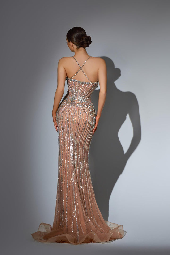 Champagne Designer Sequin Gown with Crystal Straps – Pretty Sequin Dress Plus Size - WonderlandByLilian