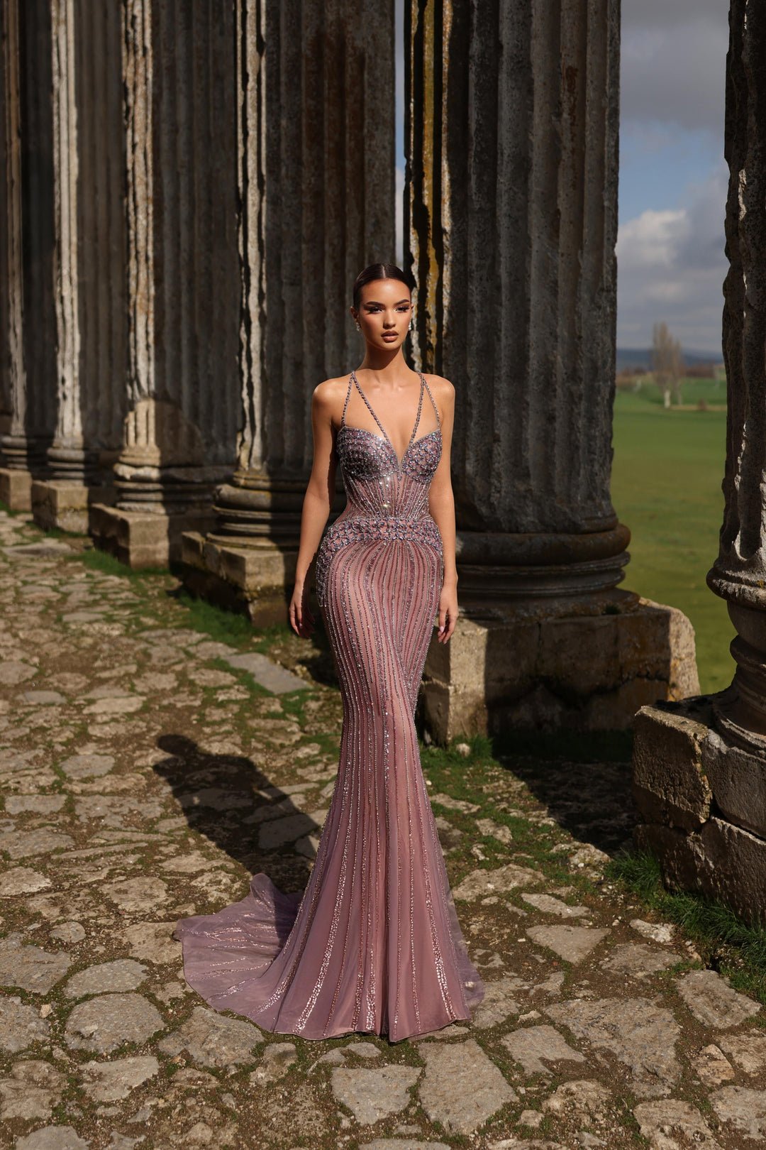 Champagne Designer Sequin Gown with Crystal Straps – Pretty Sequin Dress Plus Size - WonderlandByLilian