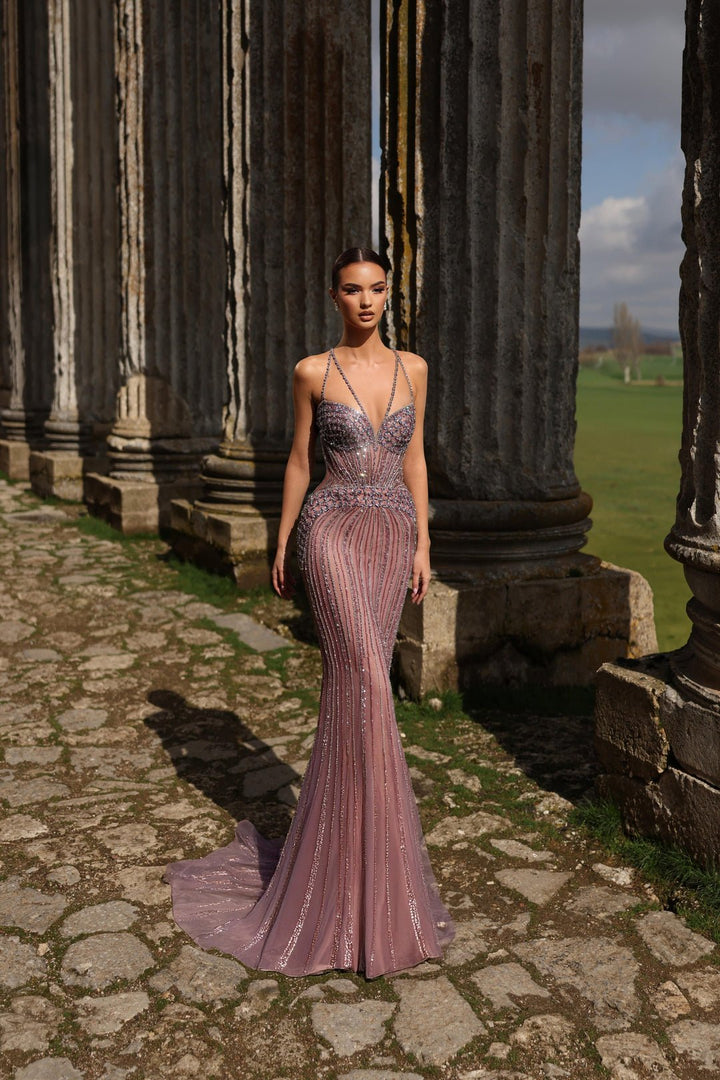Champagne Designer Sequin Gown with Crystal Straps – Pretty Sequin Dress Plus Size - WonderlandByLilian