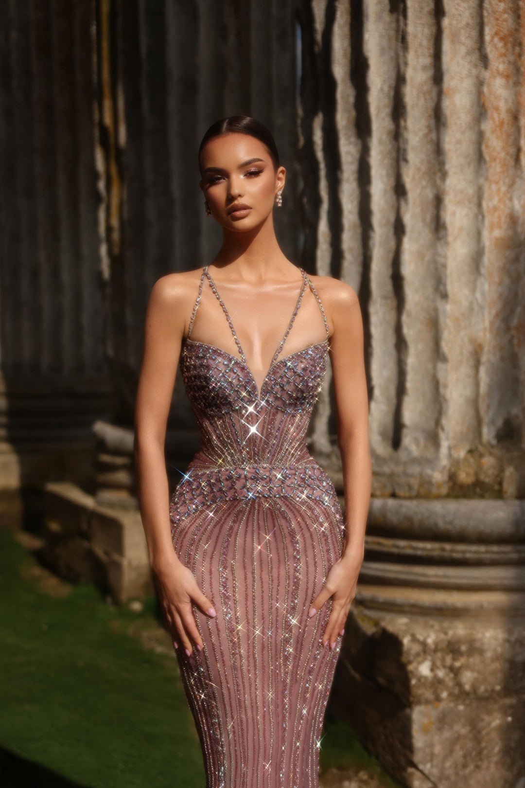 Champagne Designer Sequin Gown with Crystal Straps – Pretty Sequin Dress Plus Size - WonderlandByLilian