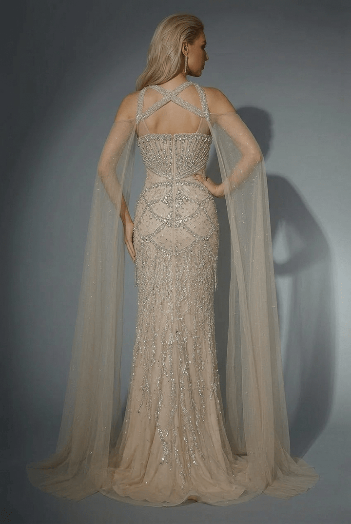 Champagne Embellished Gown with Halter Neckline – Illusion Formal Dress with Tulle Plus Size - WonderlandByLilian