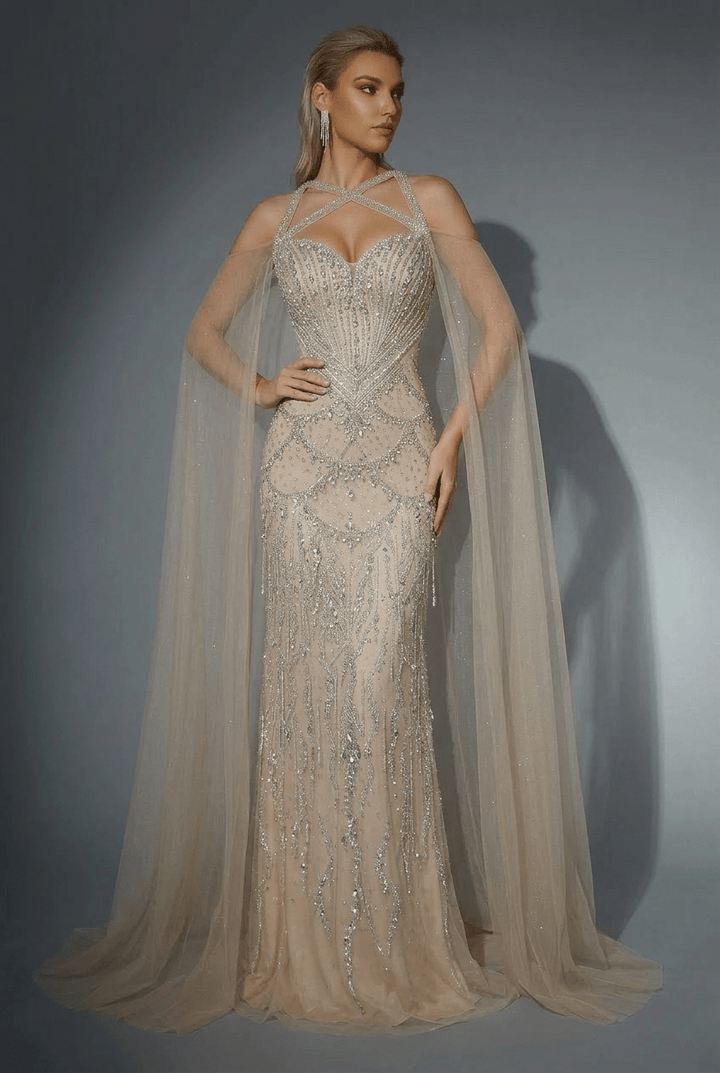 Champagne Embellished Gown with Halter Neckline – Illusion Formal Dress with Tulle Plus Size Size 16 / Champagne