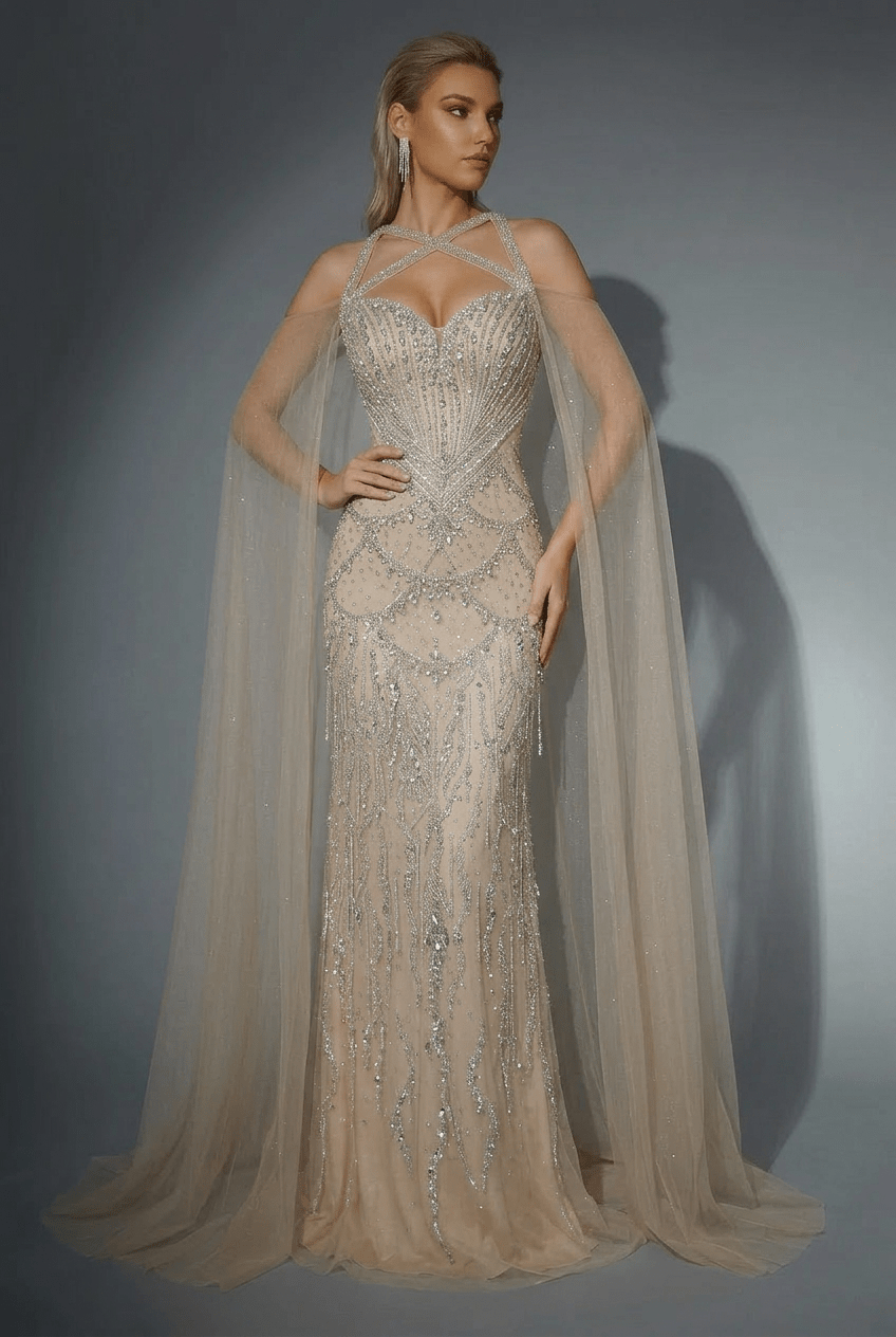 Champagne Embellished Gown with Halter Neckline – Illusion Formal Dress with Tulle Plus Size - WonderlandByLilian