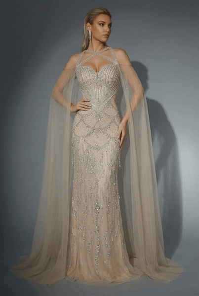 champagne halter wedding dress Embellished Gown with Neckline – Illusion Formal Dres – WonderlandByLilian champagne dress