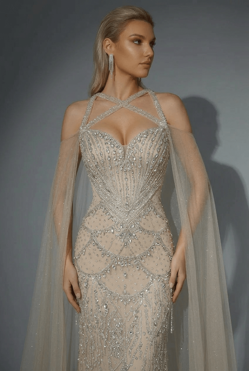 Champagne Embellished Gown with Halter Neckline – Illusion Formal Dress with Tulle Plus Size - WonderlandByLilian
