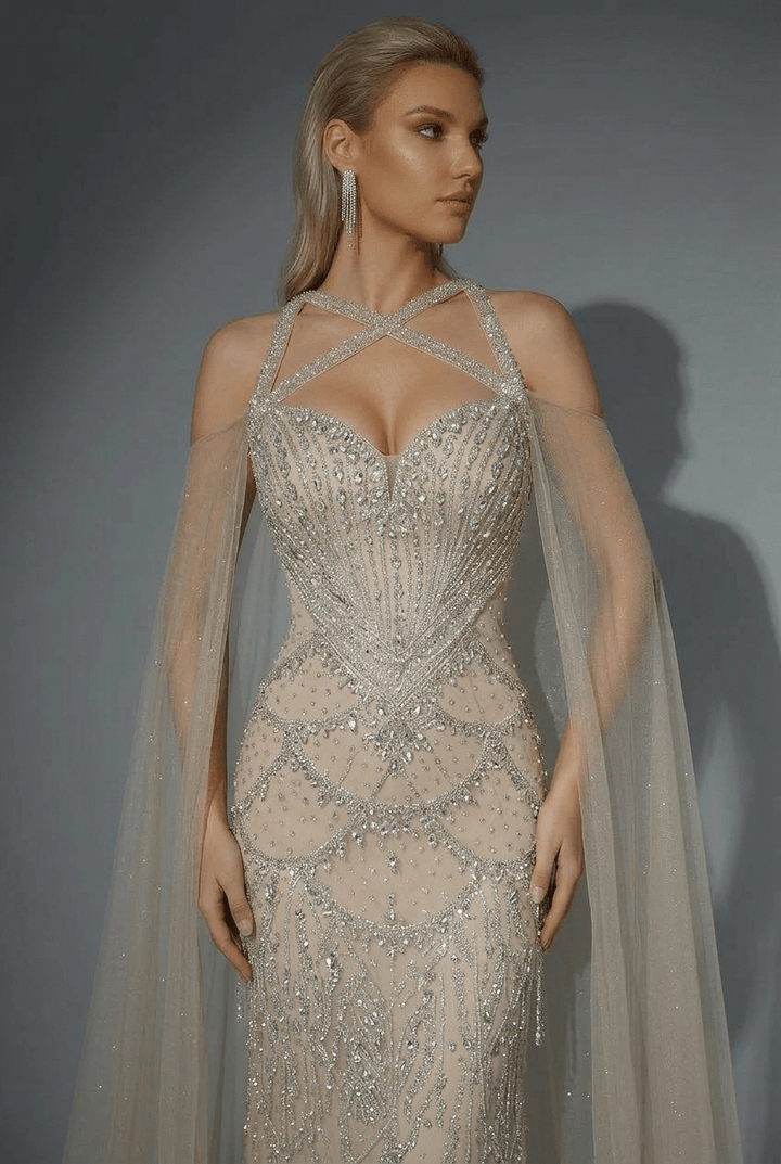 Champagne Embellished Gown with Halter Neckline – Illusion Formal Dress with Tulle Plus Size - WonderlandByLilian