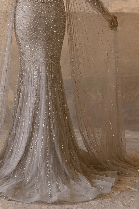 Champagne Embellished Gown with Long Cape Sleeves – Sparkly Maxi Dress with Square Neckline Plus Size Size 14 / Champagne / with Choker