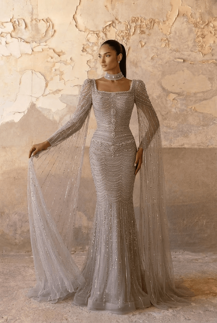 Champagne Embellished Gown with Long Cape Sleeves – Sparkly Maxi Dress with Square Neckline Plus Size - WonderlandByLilian