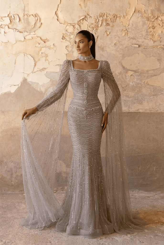champagne embellished maxi dress Gown with Long Cape Sleeves – Sparkly with Square Neckline Plus Size Champagne rhinestone embellished Color:Red (long) The Midnight Gold Gown, black wedding veils Step into modern elegance