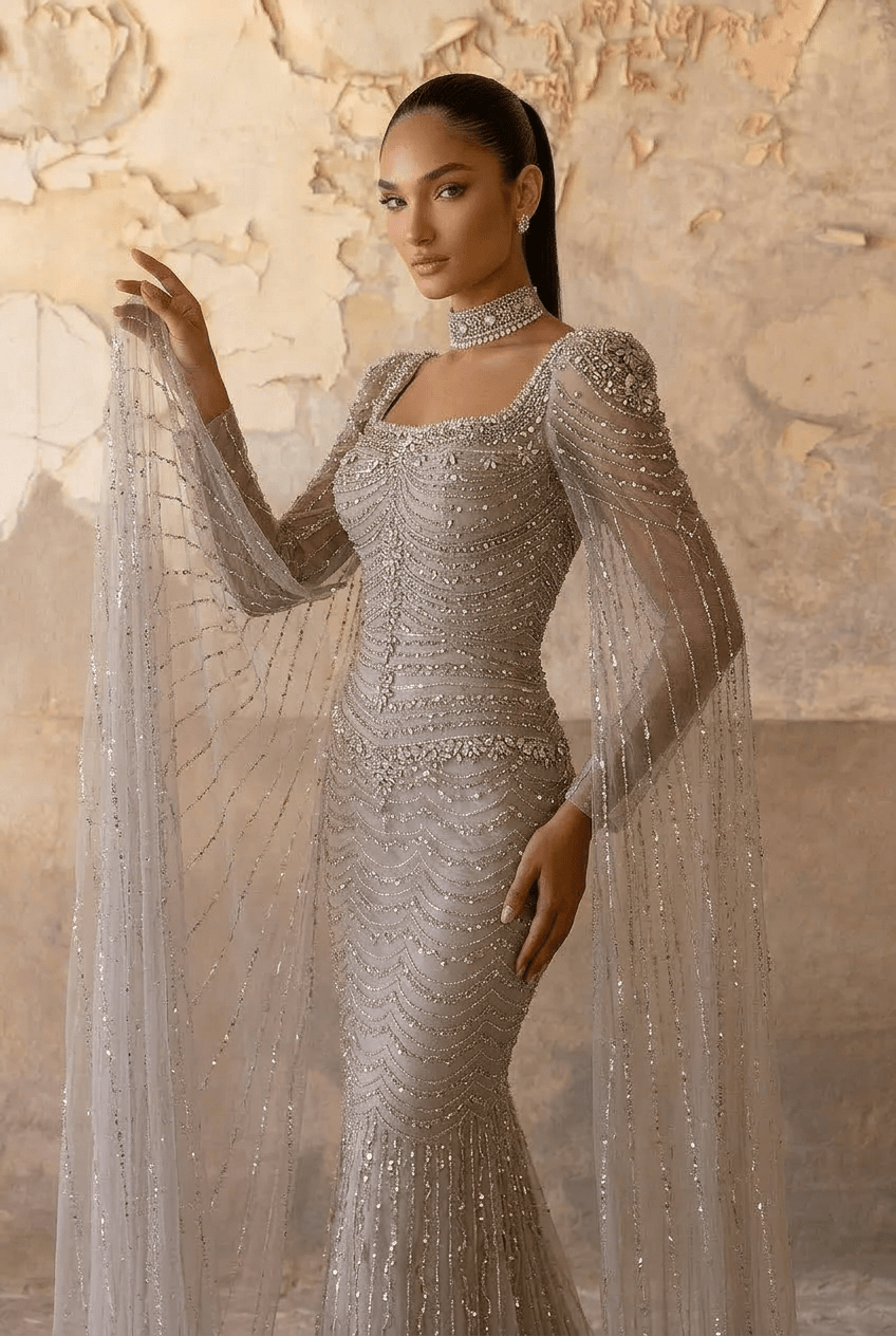 Champagne Embellished Gown with Long Cape Sleeves – Sparkly Maxi Dress with Square Neckline Plus Size - WonderlandByLilian