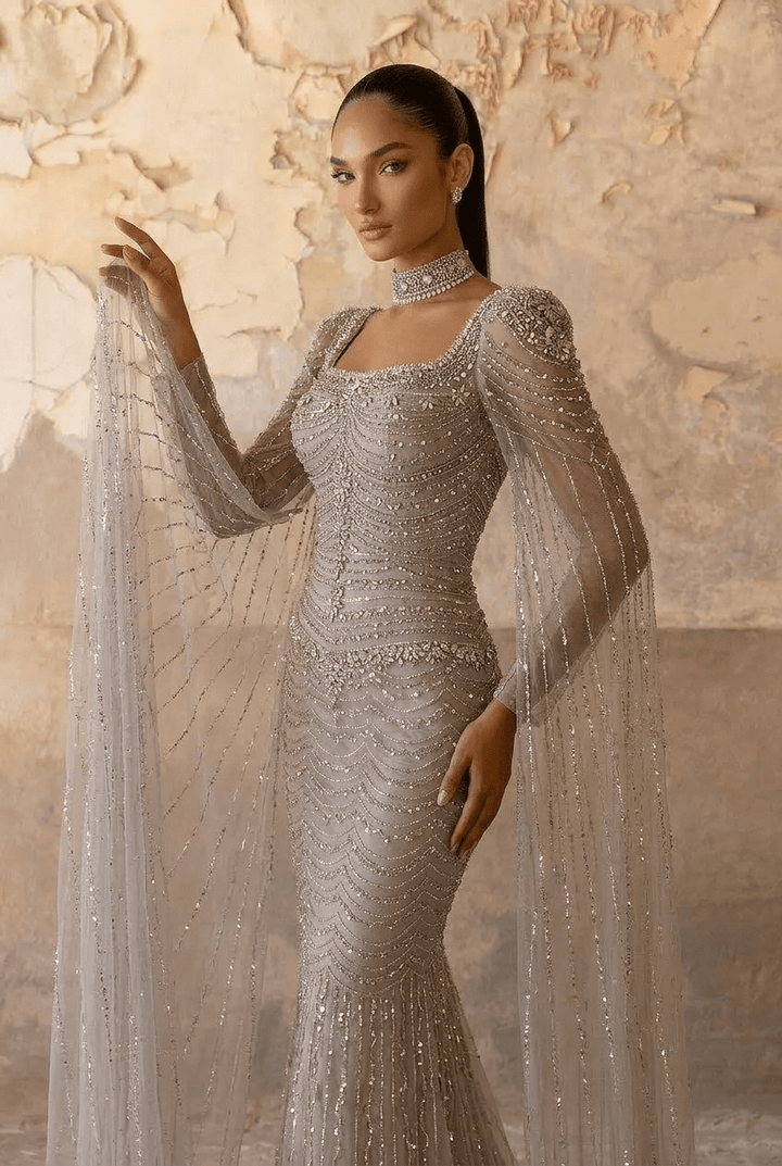 Champagne Embellished Gown with Long Cape Sleeves – Sparkly Maxi Dress with Square Neckline Plus Size - WonderlandByLilian