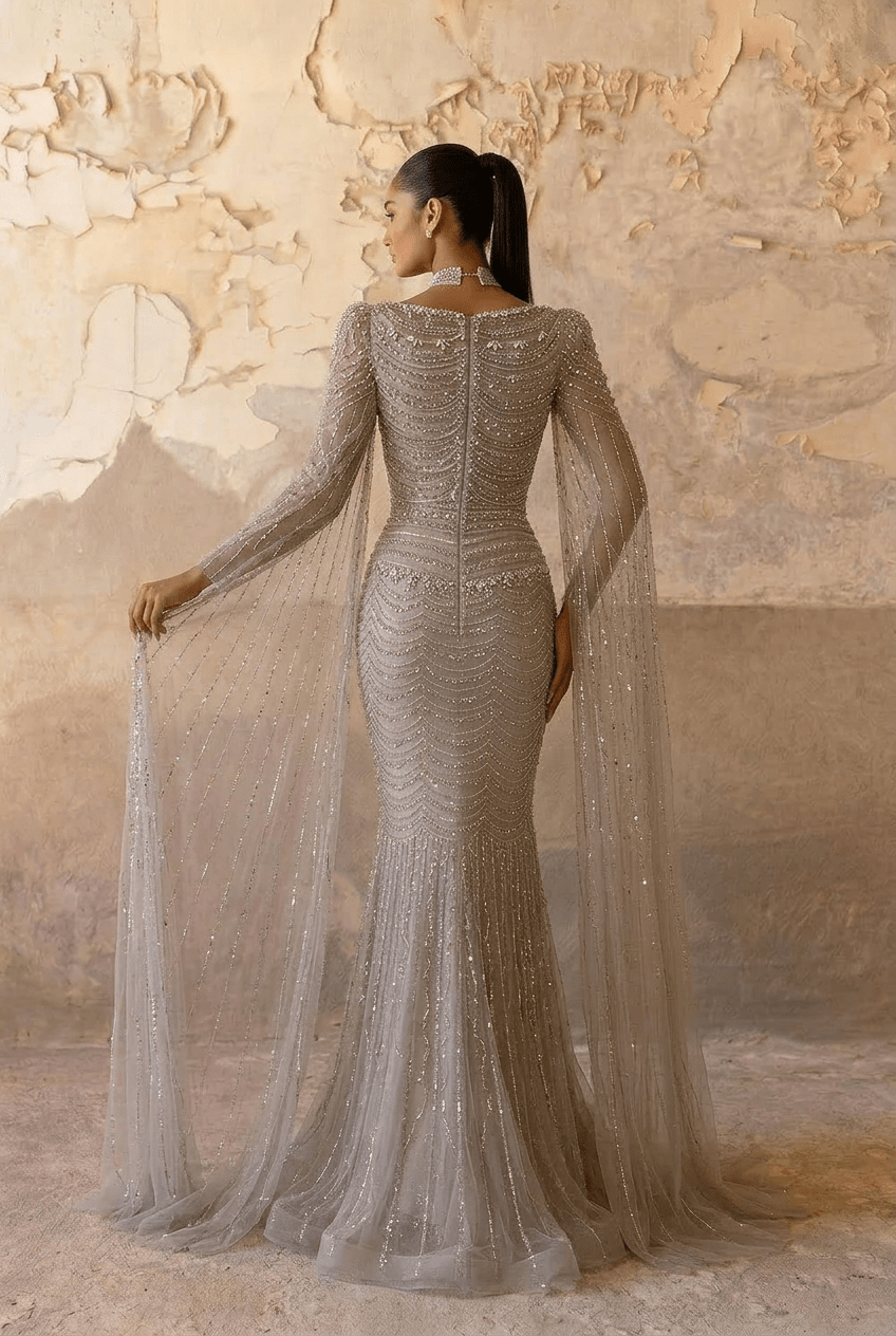 Champagne Embellished Gown with Long Cape Sleeves – Sparkly Maxi Dress with Square Neckline Plus Size Size 14 / Champagne / with Choker