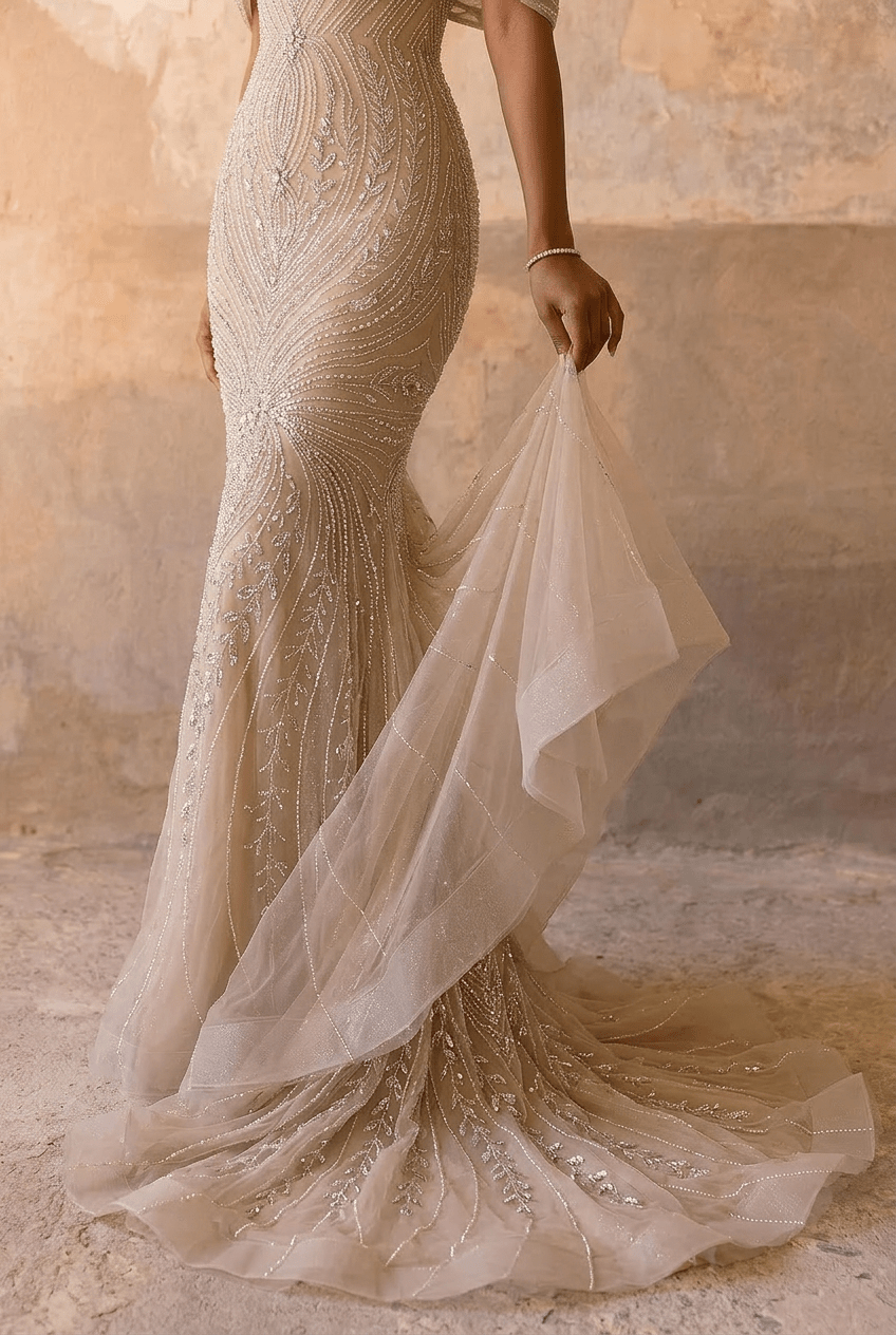 Champagne Embellished Gown with Off Shoulder Design – Sequins Evening Gown Plus Size - WonderlandByLilian