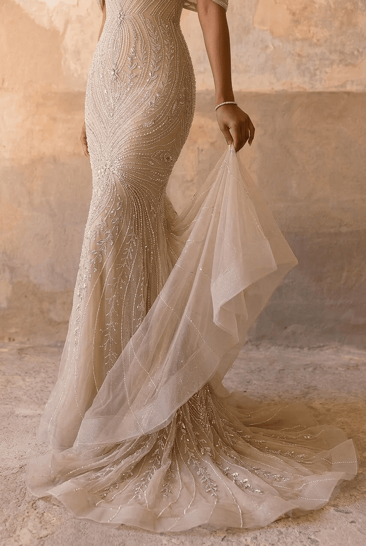 Champagne Embellished Gown with Off Shoulder Design – Sequins Evening Gown Plus Size - WonderlandByLilian