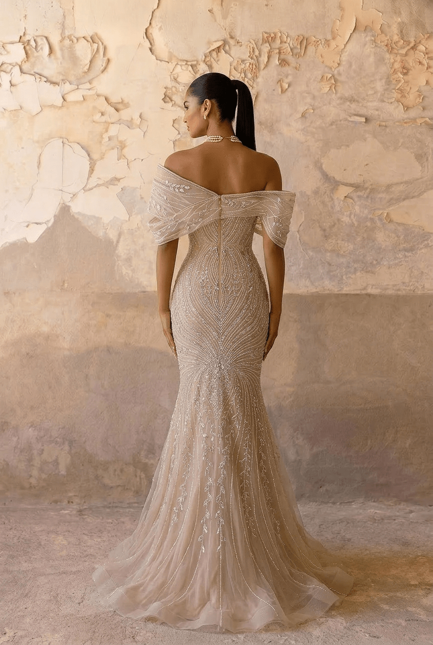 Champagne Embellished Gown with Off Shoulder Design – Sequins Evening Gown Plus Size - WonderlandByLilian