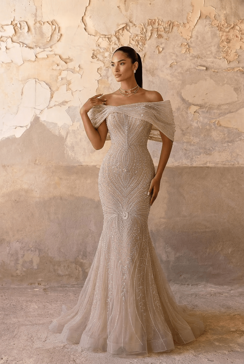 Champagne Embellished Gown with Off Shoulder Design – Sequins Evening Gown Plus Size - WonderlandByLilian