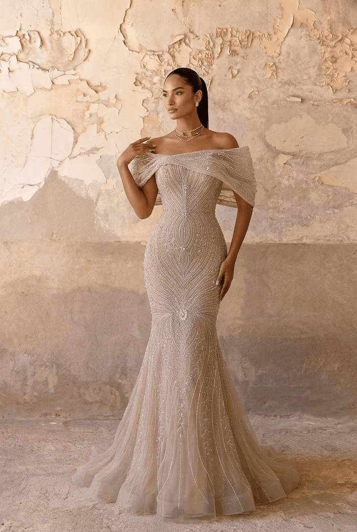 Champagne Embellished Gown with Off Shoulder Design – Sequins Evening Gown Plus Size - WonderlandByLilian
