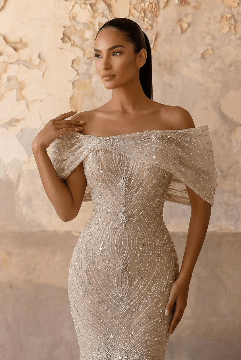 Champagne Embellished Gown with Off Shoulder Design – Sequins Evening Gown Plus Size - WonderlandByLilian