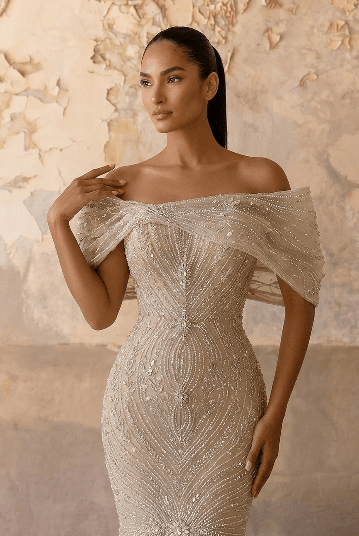 Champagne Embellished Gown with Off Shoulder Design – Sequins Evening Gown Plus Size - WonderlandByLilian