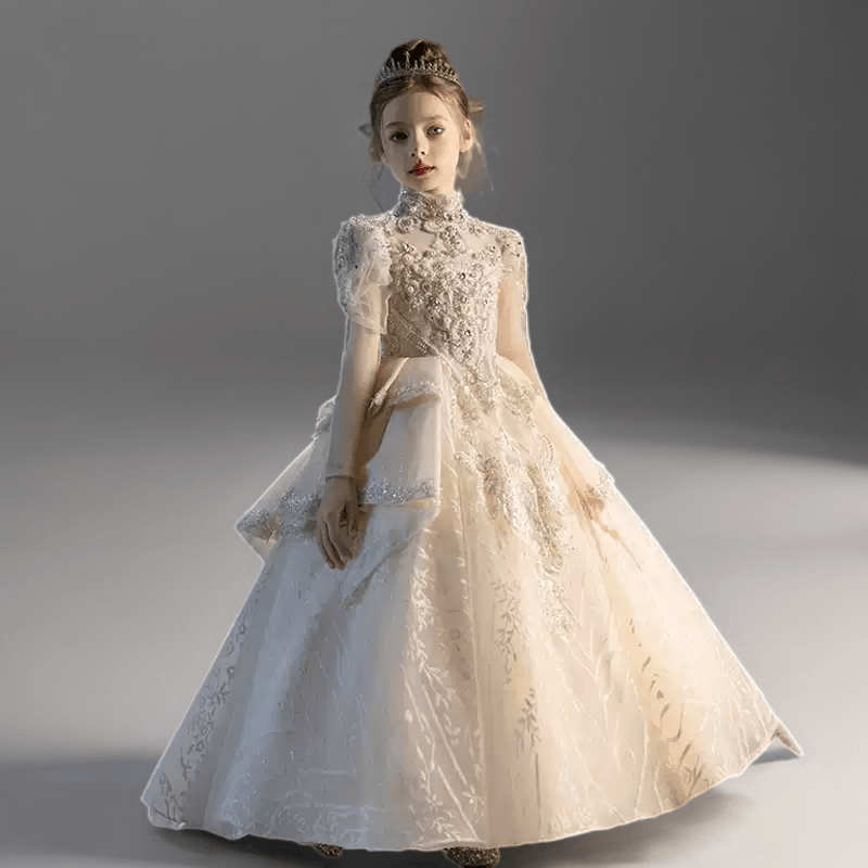 Champagne Embellished Lace Flower Girl Dress with Train – Long Sleeve Flower Girl Dress Plus Size - WonderlandByLilian