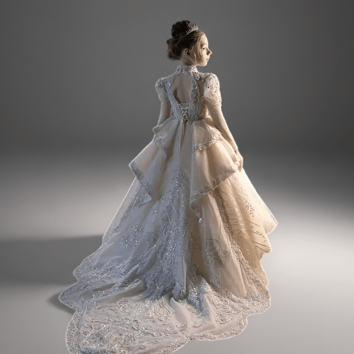 Champagne Embellished Lace Flower Girl Dress with Train – Long Sleeve Flower Girl Dress Plus Size - WonderlandByLilian