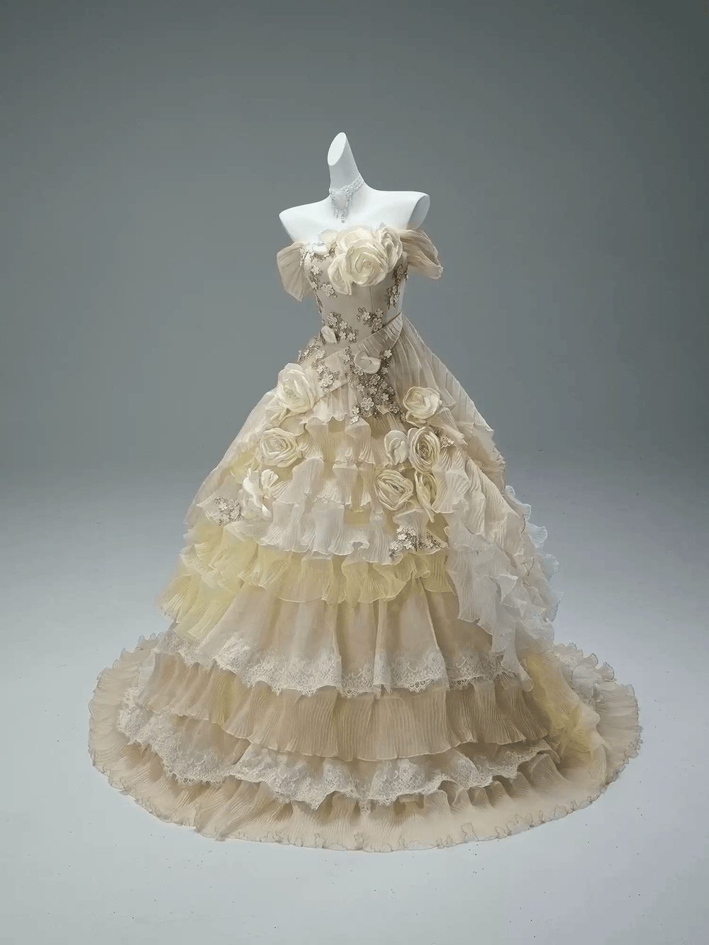 Champagne Fairytale Layered Tulle Ruffle Dress with Floral Appliqué – Off the Shoulder Evening Dress with Corset Back Plus Size - WonderlandByLilian