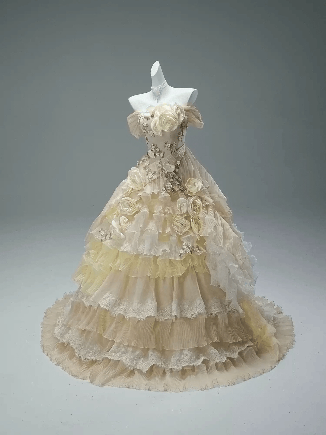 Champagne Fairytale Layered Tulle Ruffle Dress with Floral Appliqué – Off the Shoulder Evening Dress with Corset Back Plus Size - WonderlandByLilian