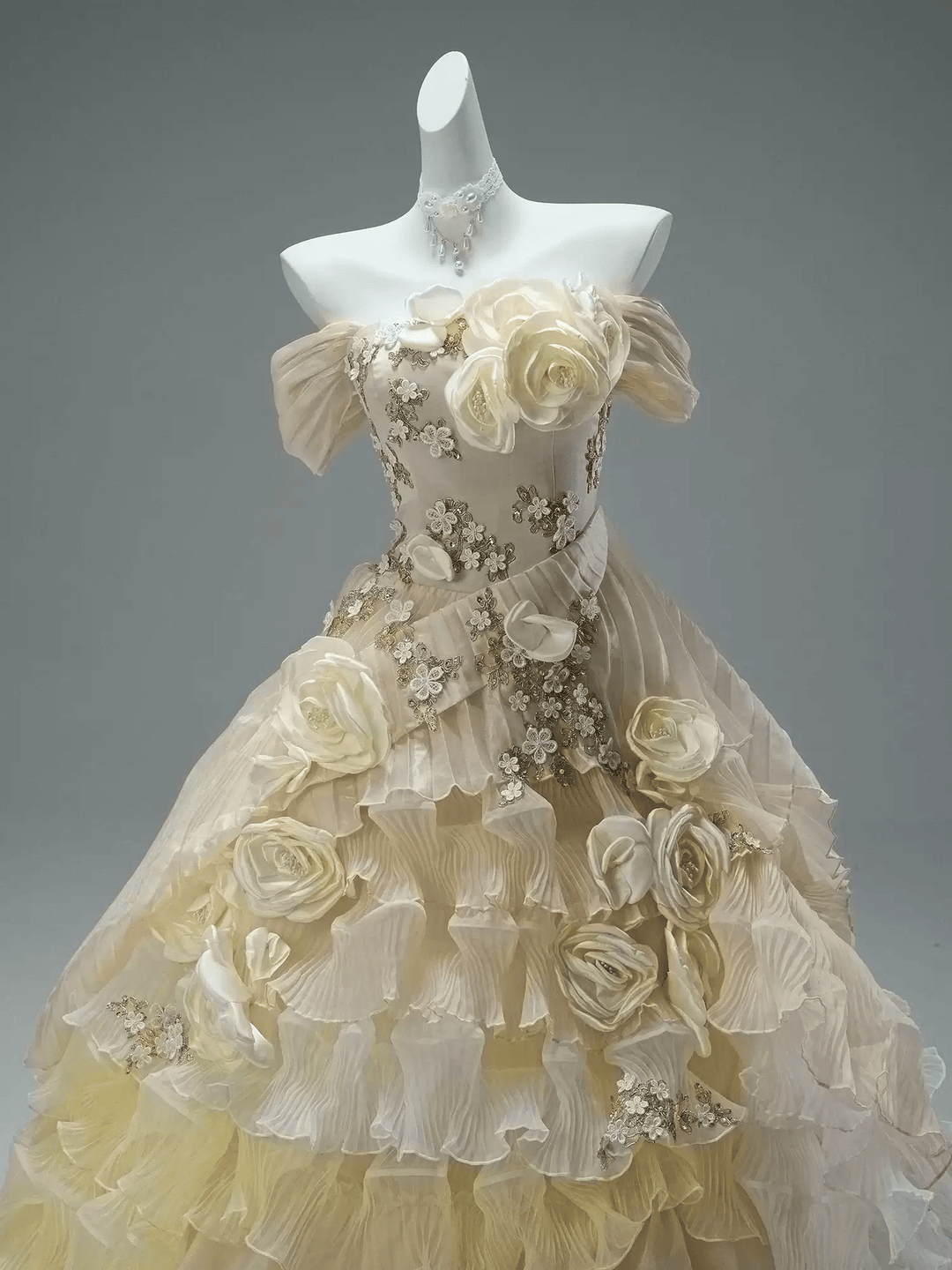 Champagne Fairytale Layered Tulle Ruffle Dress with Floral Appliqué – Off the Shoulder Evening Dress with Corset Back Plus Size - WonderlandByLilian