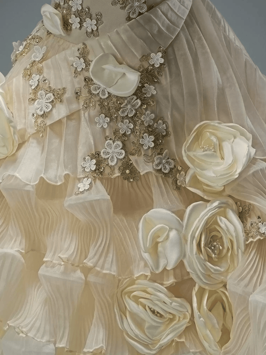 Champagne Fairytale Layered Tulle Ruffle Dress with Floral Appliqué – Off the Shoulder Evening Dress with Corset Back Plus Size - WonderlandByLilian