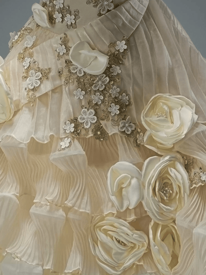 Champagne Fairytale Layered Tulle Ruffle Dress with Floral Appliqué – Off the Shoulder Evening Dress with Corset Back Plus Size - WonderlandByLilian