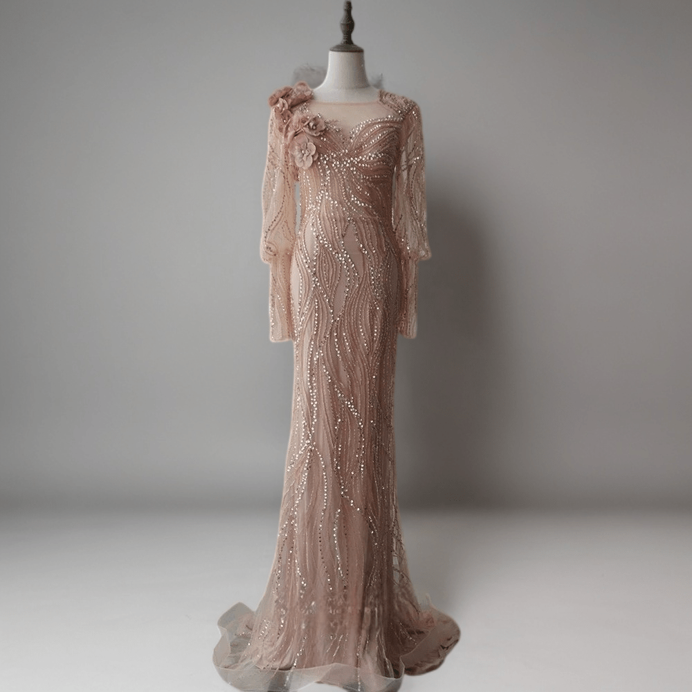 Champagne Floral Applique Sequin Dress with Long Sleeves - Elegant Beaded Evening Gown Plus Size - WonderlandByLilian