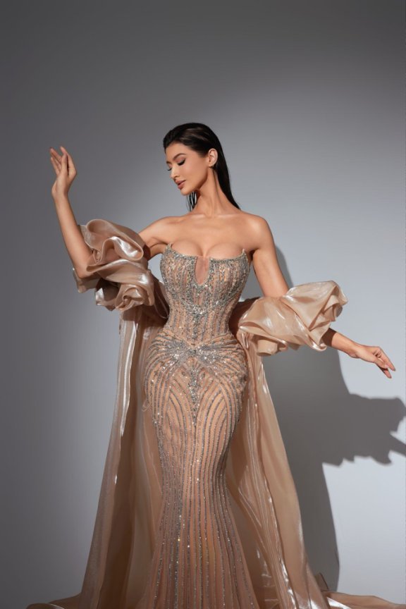 Champagne Glitter Maxi Dress with Dramatic Satin Sleeves – Strapless Sequin Evening Gown Plus Size - WonderlandByLilian
