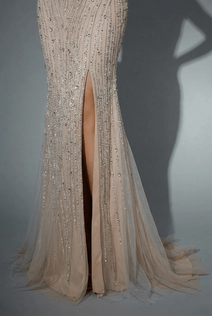 Champagne Glitter Sequin Evening Gown – Sparkly Maxi Dress with Slit and Thin Straps Plus Size - WonderlandByLilian
