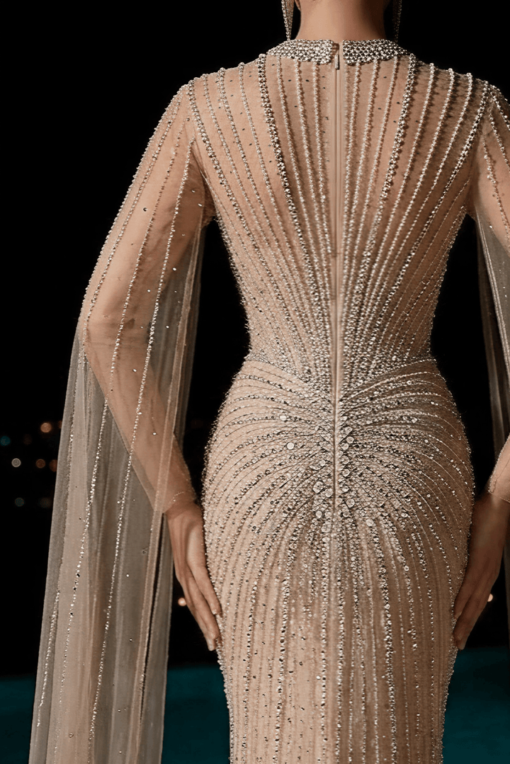 Champagne Illusion Sequin Ball Gown with Cape Sleeves – Long Sleeve Sequin Dress Plus Size - WonderlandByLilian