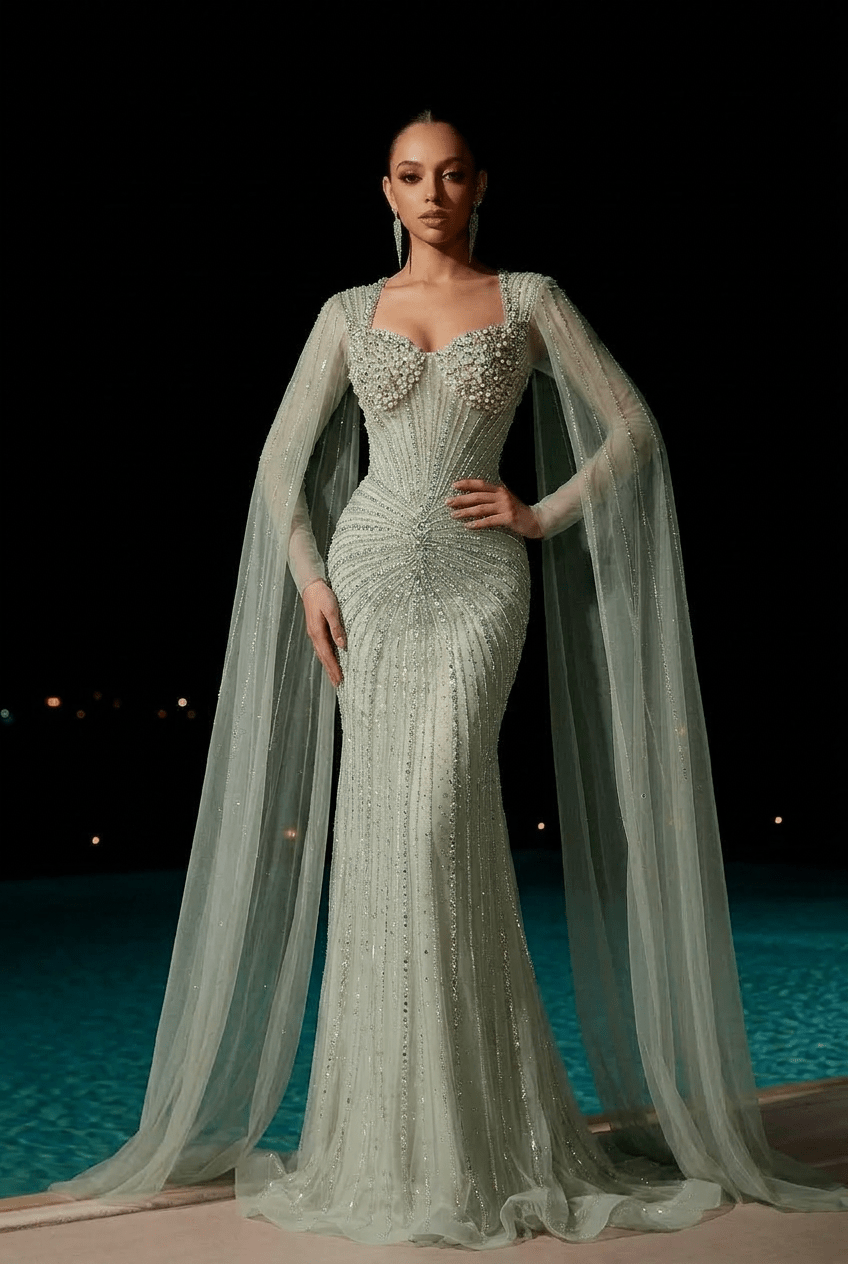 Champagne Illusion Sequin Ball Gown with Cape Sleeves – Long Sleeve Sequin Dress Plus Size - WonderlandByLilian