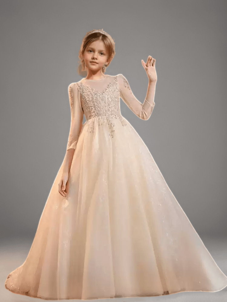 Champagne Lace Appliqué Flower Girl Dress with Sheer Long Sleeves – Tulle Folwer Girl Dress Plus Size - WonderlandByLilian