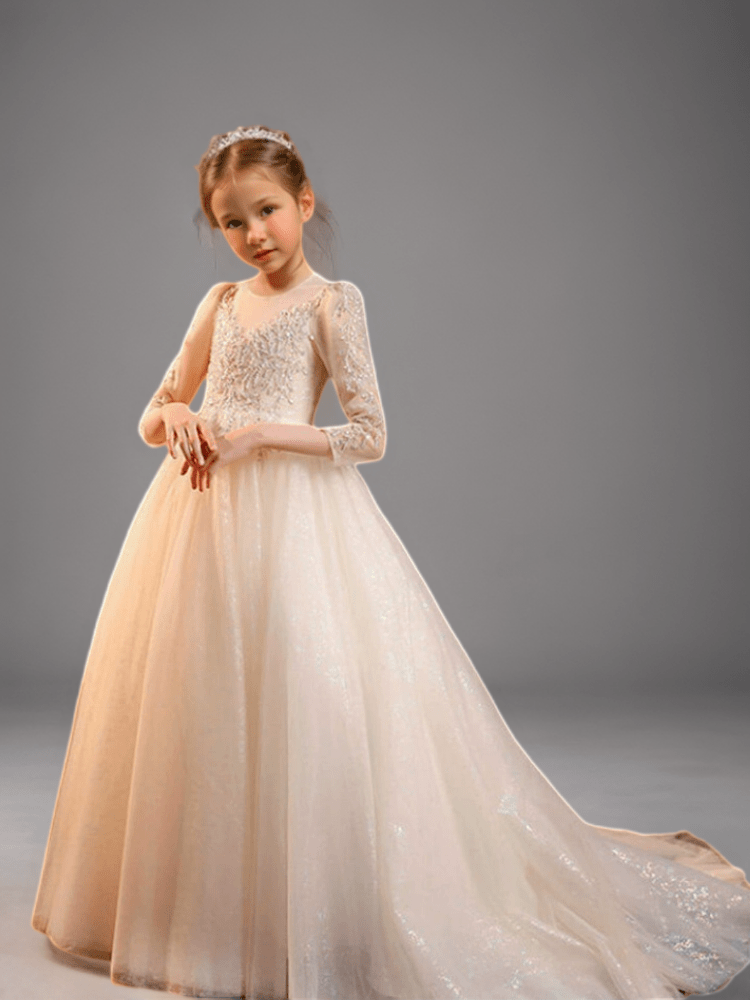 Champagne Lace Appliqué Flower Girl Dress with Sheer Long Sleeves – Tulle Folwer Girl Dress Plus Size - WonderlandByLilian
