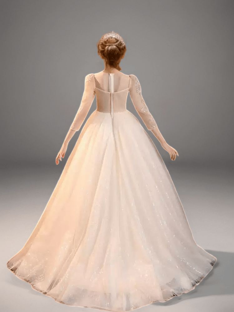 Champagne Lace Appliqué Flower Girl Dress with Sheer Long Sleeves – Tulle Folwer Girl Dress Plus Size - WonderlandByLilian