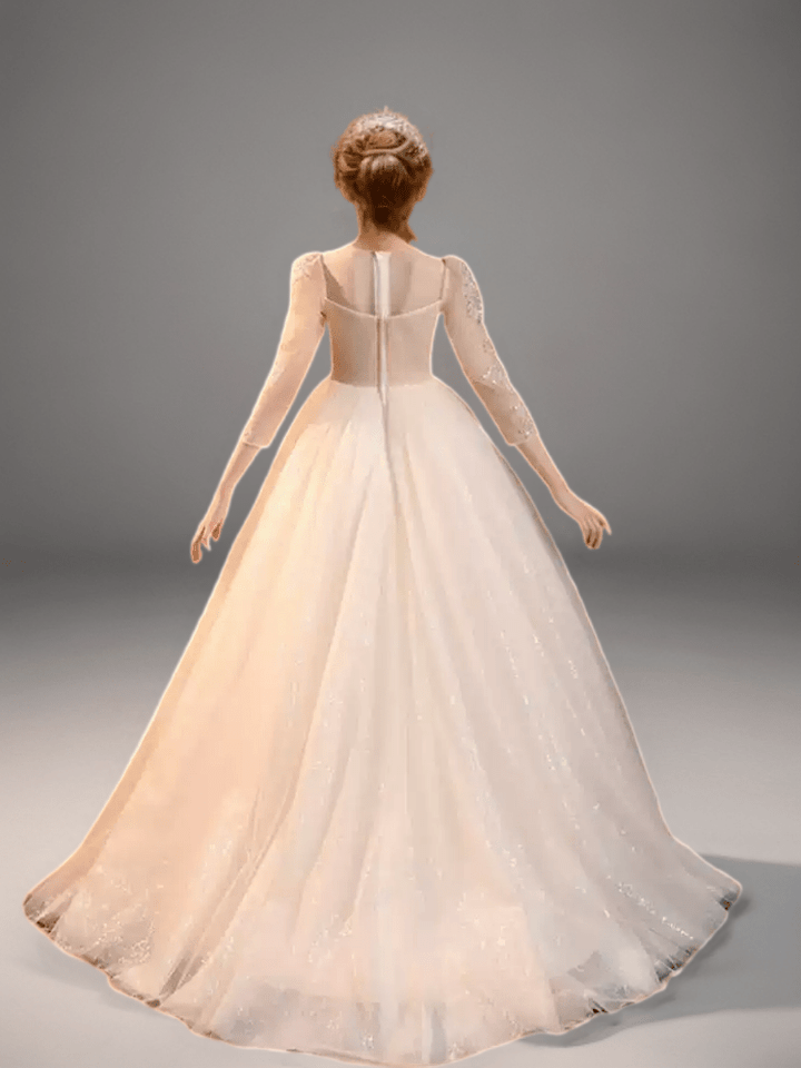 Champagne Lace Appliqué Flower Girl Dress with Sheer Long Sleeves – Tulle Folwer Girl Dress Plus Size - WonderlandByLilian