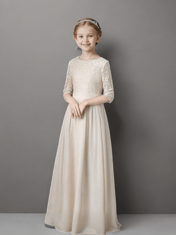 Champagne Lace Bodice Flower Girl Dress with Half Sleeves – Elegant Long Chiffon Flower Girl Dress Plus Size - WonderlandByLilian