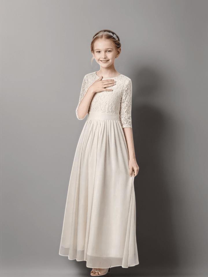 Champagne Lace Bodice Flower Girl Dress with Half Sleeves – Elegant Long Chiffon Flower Girl Dress Plus Size - WonderlandByLilian
