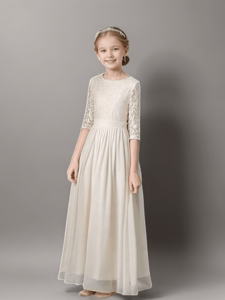 Champagne Lace Bodice Flower Girl Dress with Half Sleeves – Elegant Long Chiffon Flower Girl Dress Plus Size - WonderlandByLilian