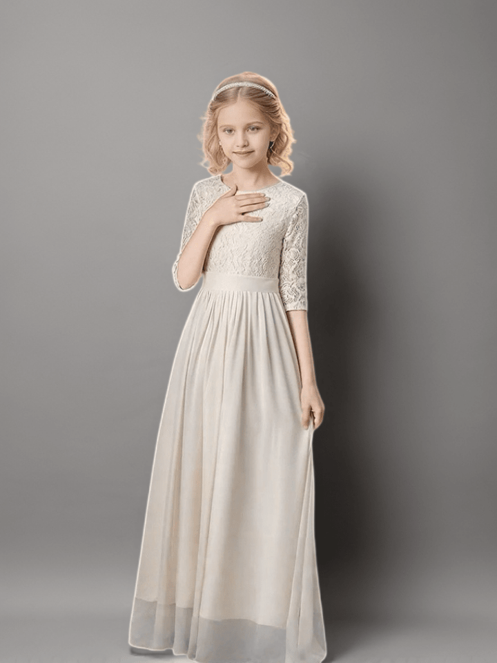 Champagne Lace Bodice Flower Girl Dress with Half Sleeves – Elegant Long Chiffon Flower Girl Dress Plus Size - WonderlandByLilian