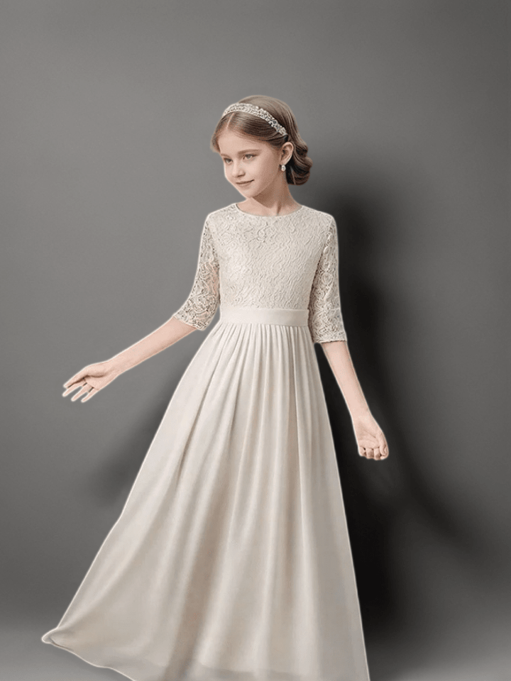 Champagne Lace Bodice Flower Girl Dress with Half Sleeves – Elegant Long Chiffon Flower Girl Dress Plus Size - WonderlandByLilian