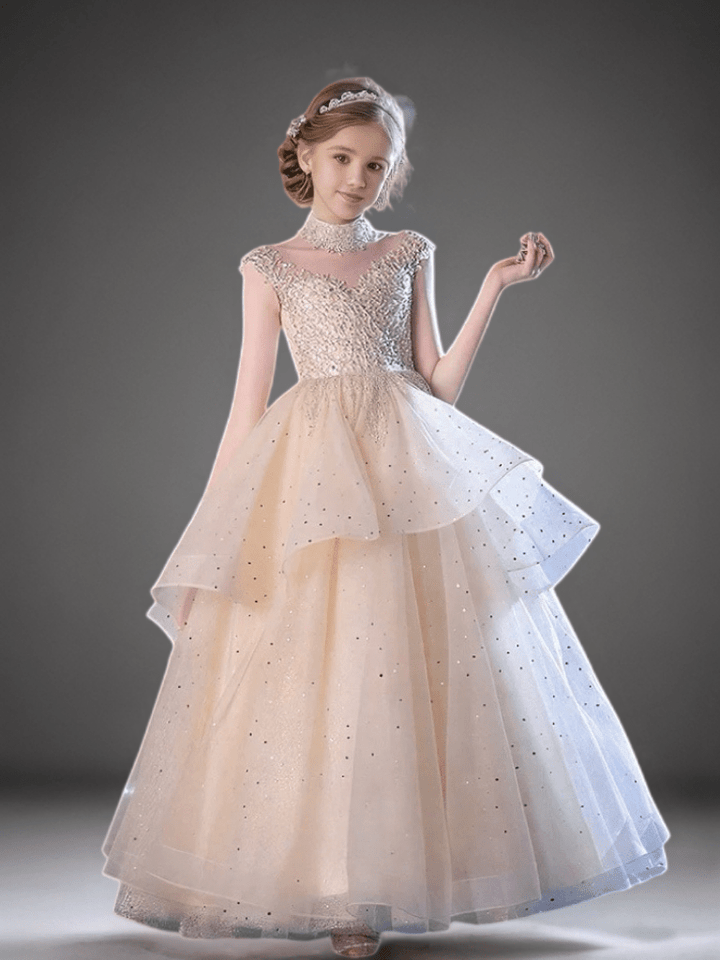 Champagne Layered Tulle Flower Girl Dress with Beaded Bodice – Elegant Sparkly Flower Girl Dress Plus Size - WonderlandByLilian