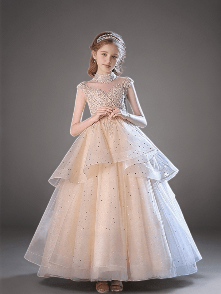 Champagne Layered Tulle Flower Girl Dress with Beaded Bodice – Elegant Sparkly Flower Girl Dress Plus Size - WonderlandByLilian